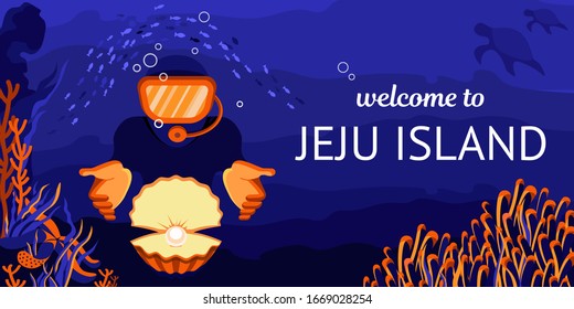 poster welcome to jeju island. diver with a pearl and marine life. template