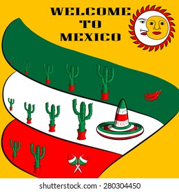 Poster Welcome to Mexico with the image of the Mexican flag, sombrero, spicy chili peppers, maracas and a lot of cacti