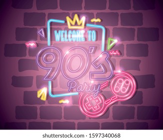 poster of welcome nineties party with control game of neon light vector illustration design