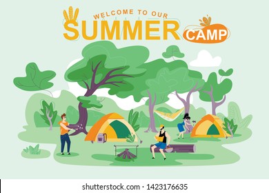 Poster Welcome to Our Summer Camp, Lettering. Flyer People Spend their Summer Holidays in Camping. Man Carries Firewood. Beautiful Woman Sets up Tent Herself Cartoon. Vector Illustration.