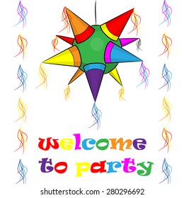 Poster Welcome to the party with the image of multi-colored Pinata