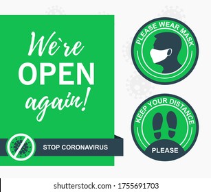 Poster Were open again. Please wear mask, keep your distance. Set green stickers for public places where there are a lot of people. From Covid-19, the coronavirus pandemic.