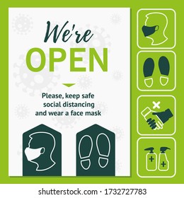 Poster Were open. Set green stickers for public places where there are a lot of people to keep their distance and wear a face mask to protect themselves from Covid-19, the coronavirus pandemic.