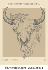 Poster Western Bull Skull vintage style. 