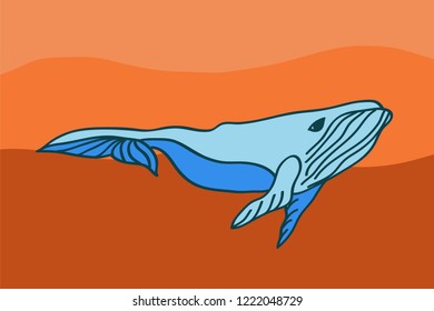 Afiche con ballena en forma de caricatura. Ilustración vectorial. Para diseño impreso, web, postal y de guardería.