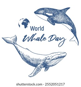 Afiche del Día de las Ballenas, 19 de febrero de 2025. Dibujo de una orca y una ballena jorobada. El concepto de conservación global de la naturaleza y la diversidad de los mamíferos marinos en el planeta Tierra. Emblema monocromo