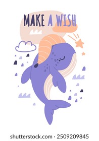 Poster with whale for kids. Make wish inscription. Imagination and fantasy for children. Greeting or invitation postcard. Cartoon flat vector illustration isolated on white background