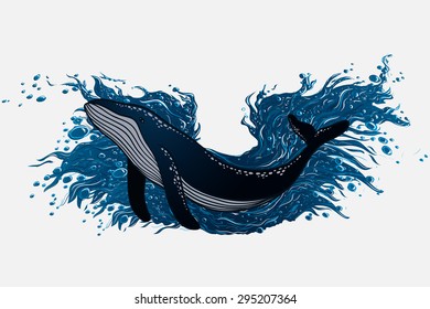 Poster with whale on Splashing Water Wave. Hand drawn vector illustration