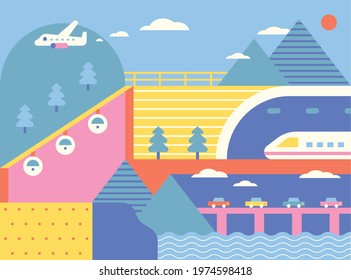 A poster in which various spaces and vehicles are combined in a flat space. Dots and stripes pattern texture. flat design style minimal vector illustration.