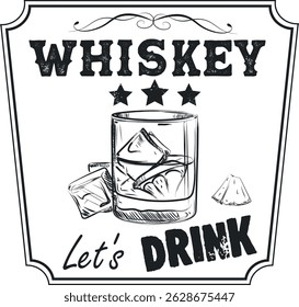 Affiche de whisky avec de la glace, création Image vectorielle d'un verre d'eau-de-vie, dessin à la main avec une brosse. Conception pour impression t-shirt, bannière de pub, bar, alcool fort