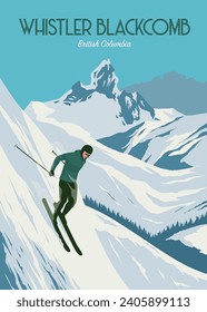 poster of whistler blackcomb background illustration design, man skier running downhill on british columbia ski resort