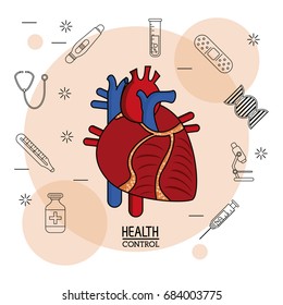 Poster white background with black silhouette icons of health control in background and colorful cardiovascular system in closeup