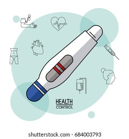 Poster white background with black silhouette icons of health control in background and colorful pregnancy test icon in closeup