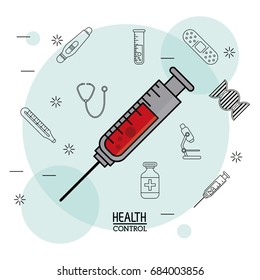 Poster white background with black silhouette icons of health control in background and colorful syringe with blood in closeup