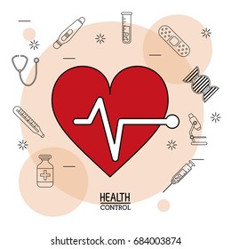 Poster white background with black silhouette icons of health control in background and colorful heart pulse monitor icon in closeup