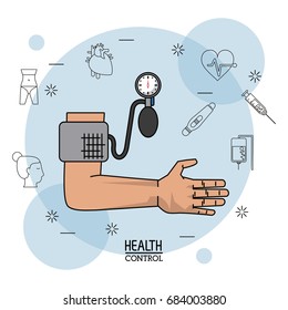 Poster White Background With Black Silhouette Icons Of Health Control In Background And Colorful Arm With Blood Pressure Monitor In Closeup