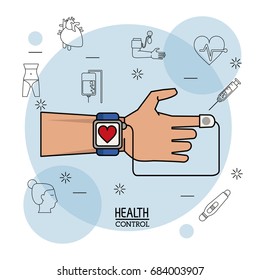 Poster white background with black silhouette icons of health control in background and hand with colorful clock pulse monitor in closeup