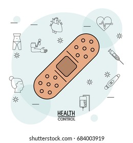 Poster white background with black silhouette icons of health control in background and colorful bandage icon in closeup
