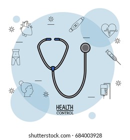 Poster white background with black silhouette icons of health control in background and colorful stethoscope icon in closeup