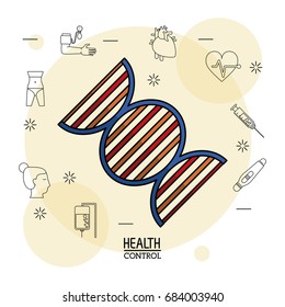 Poster white background with black silhouette icons of health control in background and colorful dna chain icon in closeup