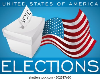 Poster with white ballot box and waving American flag to promote the popular elections in the U.S.A.