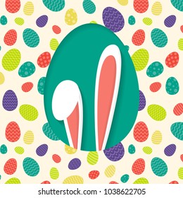 Poster with white bunny and colorful eggs - Easter design. Vector.
