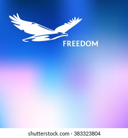 Poster of white eagle, painted with a brush. Silhouettes of bird of prey soaring in the sky. The logo, a symbol of greatness, victory and freedom. Eagle on colorful background.