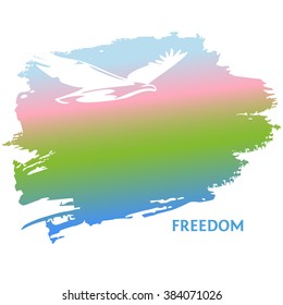 Poster of white eagle, painted with a brush. Silhouettes of bird of prey soaring in the sky. Eagle on colorful background.