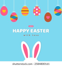 Poster with white Easter bunny ears silhouette, hanging colored eggs, blue background. Vector flat illustration. Holiday banner, flyer or greeting voucher, brochure design template. Place for text.