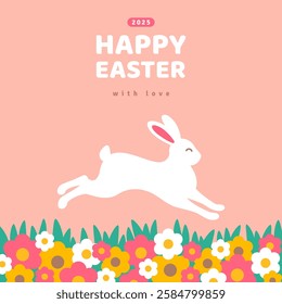 Poster with white Easter bunny silhouette, spring flowers meadow, pink background. Vector flat illustration. Holiday banner, flyer or greeting voucher, brochure design template. Place for text.