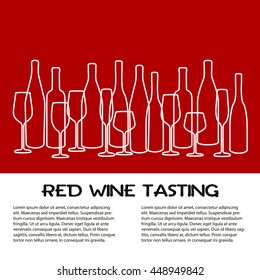 Poster with white hand drawn silhouettes of glasses of wine, goblets and bottles, all in various shapes.  Vector background with the phrase red wine tasting. Place for your text and logo.
