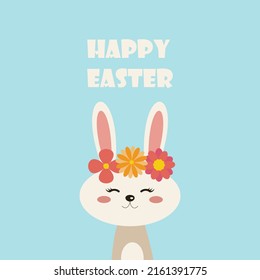Poster with a white rabbit, spring flowers and the inscription happy easter. Vector flat illustration. Holiday card, flyer or greeting voucher, brochure template layout.