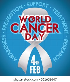 Poster with white ribbon and some precepts around it commemorating World Cancer Day reminding you the importance to fight against this disease.
