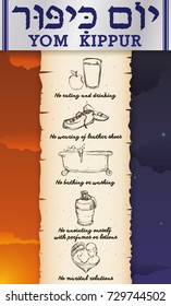 Poster with a white tallit commemorating Yom Kippur (written in Hebrew) and ragged scroll promoting traditional abstinence and fasting beginning at sundown, and ends after nightfall the following day.