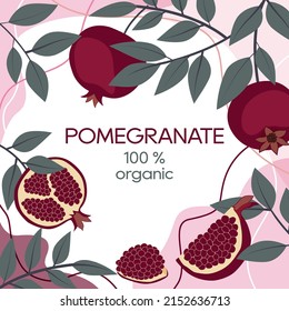 Poster with whole pomegranates, fruit halves, twigs with leaves and text. Postcard, banner, poster, print, promotional material. Vector illustration.