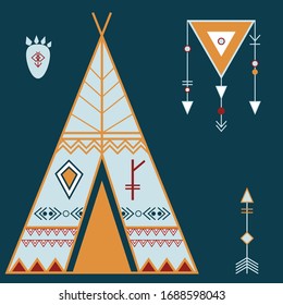 Poster with wigwam, arrow, trace of a bear, symbols of the Indians. Geometric boho style.