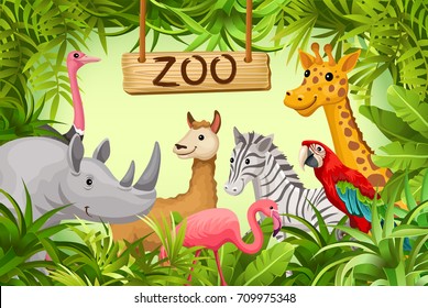 Poster with wild animals of savanna and desert. Cover for books and games.