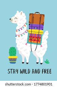 poster with wild and free llama
-  vector illustration, eps