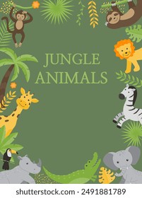 Poster of wild jungle animals - giraffe, elephant, zebra, rhinoceros, toucan, monkey, sloth, lion, crocodile. Flat vector illustrations for children.