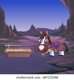 Poster in wild West style. Cheerful frightened horse eating straw in the night. Card on theme of animals and horse racing to ranch wild West. Vector cartoon close-up illustration.