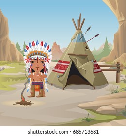 Poster in wild West style. Indian tent or wigwam teepee pierced with arrows and thoughtful young Indian on the Prairie. A fire burning firewood smoke. Cartoon vector close-up illustration.
