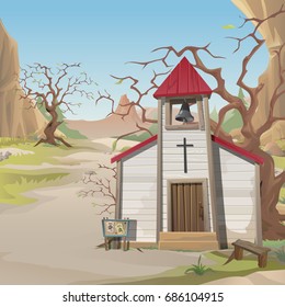Poster in wild West style. Old wooden Church, bare tree, stand with ads on wanted criminals. Architecture style of wild West. Card on theme of religion. Vector cartoon close-up illustration