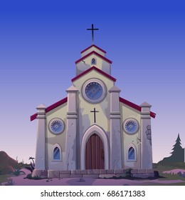 Poster in wild West style. Old made of stone Catholic Church in the night. Vintage architecture in style of wild West. Card on theme of religion. Vector cartoon close-up illustration.