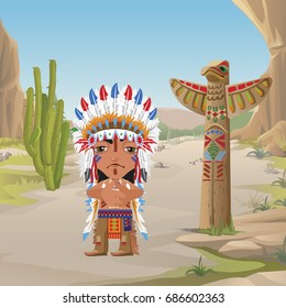 Poster in wild West style. Thoughtful young Indian on the Prairie stands near to a wooden Holy totem symbol. Cartoon vector close-up illustration.
