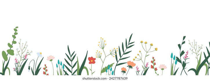 Poster with wildflowers, herbs in botanical style isolated on white. Banner template with floral elements and place for text. Summer bouquet for cards, greetings, invitation. Vector illustration