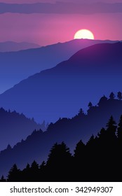 poster wildlife. Winter sunset in the wooded mountains. artwork for hipster wear. vector Inspirational illustration on mountain background.