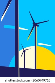 Afiche con estaciones de energía eólica. El diseño de la placa en estilo abstracto.