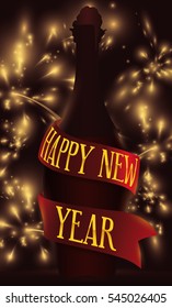 Poster with wine bottle silhouette and ribbon around it with fireworks display in the background celebrating New Year.