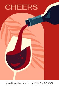 Cartel con concepto de vino. Frasco con bebidas alcohólicas y vidrio. Bebida y sabroso líquido. Menú para cafetería o restaurante. Volante, folleto y folleto. Dibujo vectorial plano de dibujos animados