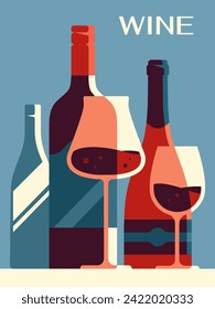 Cartel con concepto de vino. Botellas con bebidas alcohólicas y vidrio. Bebida y sabroso líquido. Menú para cafetería o restaurante. Plantilla y diseño. Dibujo vectorial plano de dibujos animados